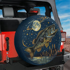 Bass moonlight spare tire cover on red Jeep Wrangler featuring golden leaping fish and crescent moon