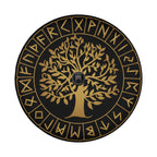 Golden Yggdrasil tree of life spare tire cover with Viking rune ring and center camera hole