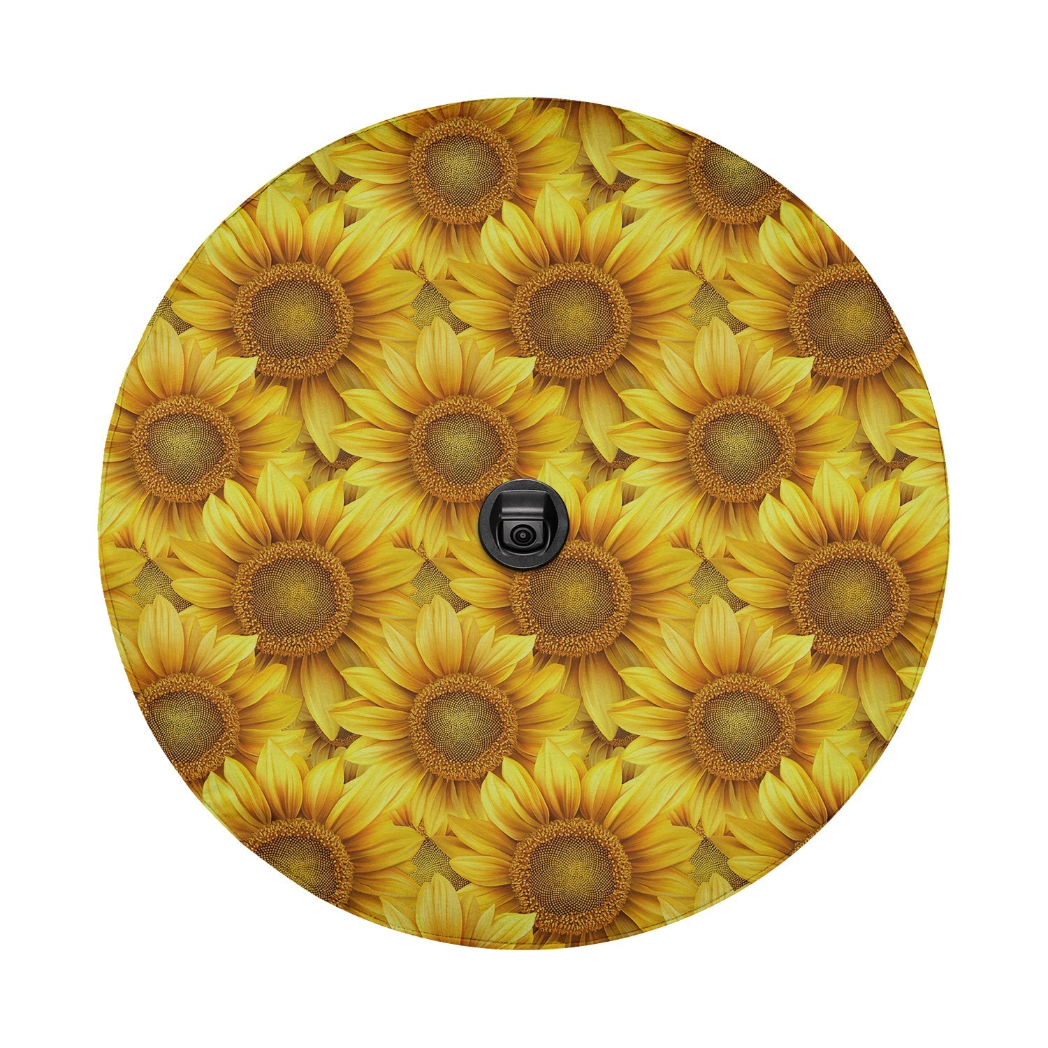 Sunflower tire cover studio close-up with dense yellow blooms and centered black camera cutout for rearview