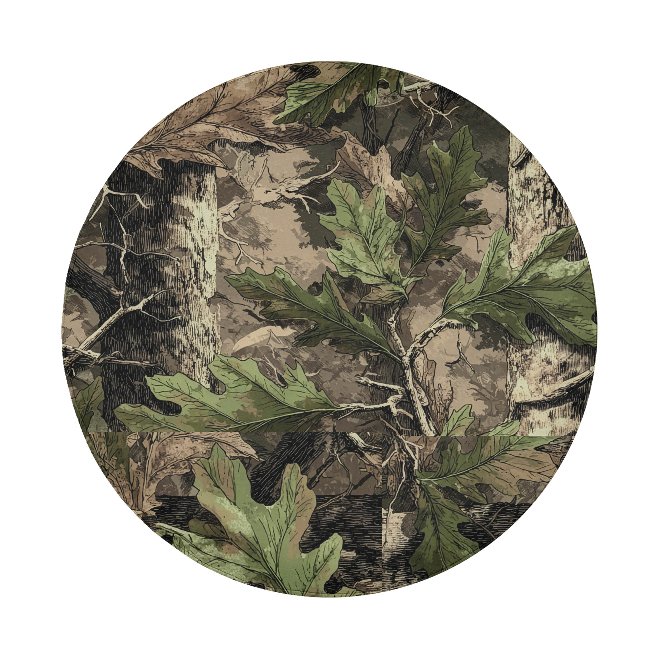 The image is a camouflage pattern featuring various shades of green leaves and branches, creating a natural and intricate design.