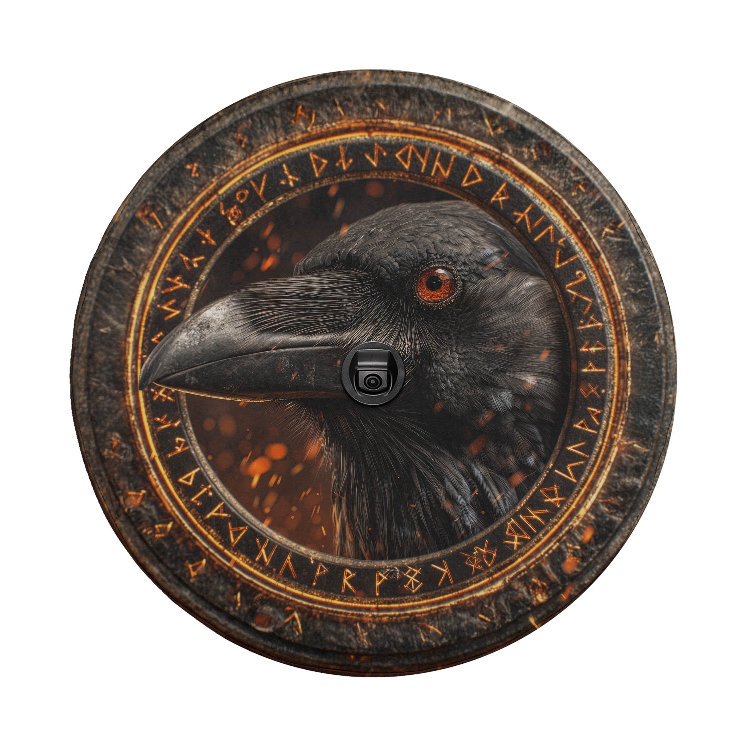 a close-up of a black bird, possibly a crow, with a camera lens in the center of a circular frame.