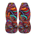 Psychedelic swirl front car seat covers with trippy rainbow vortex pattern on universal bucket seats