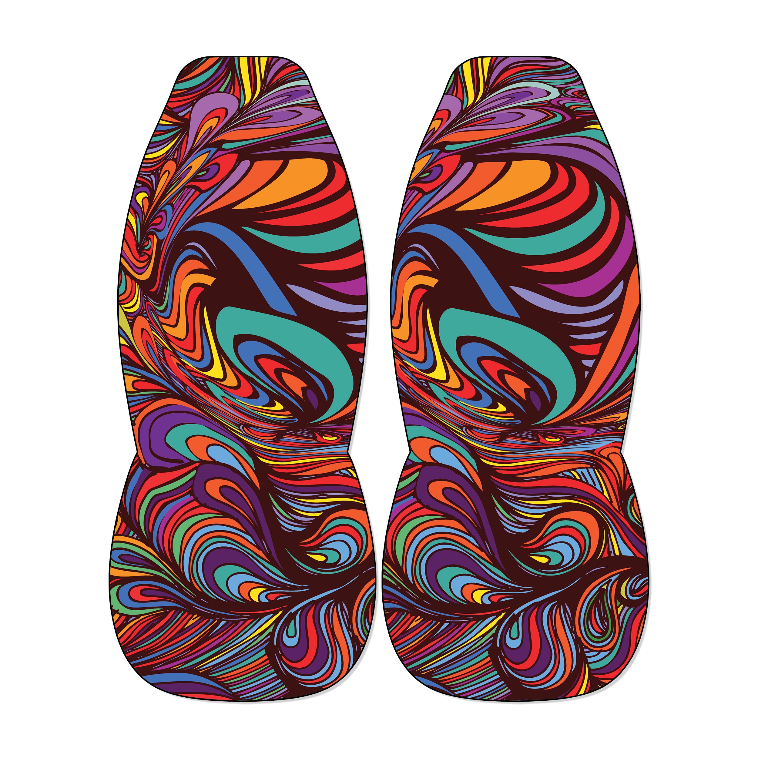Psychedelic swirl front car seat covers with trippy rainbow vortex pattern on universal bucket seats