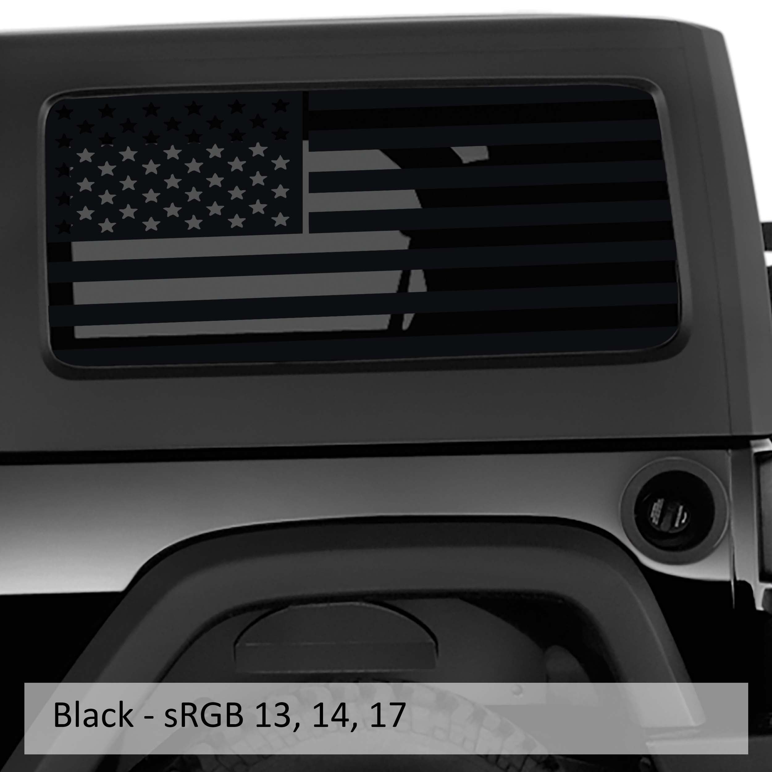 Black American flag JK hardtop window decal pair shown on Jeep Wrangler 2-door rear side glass