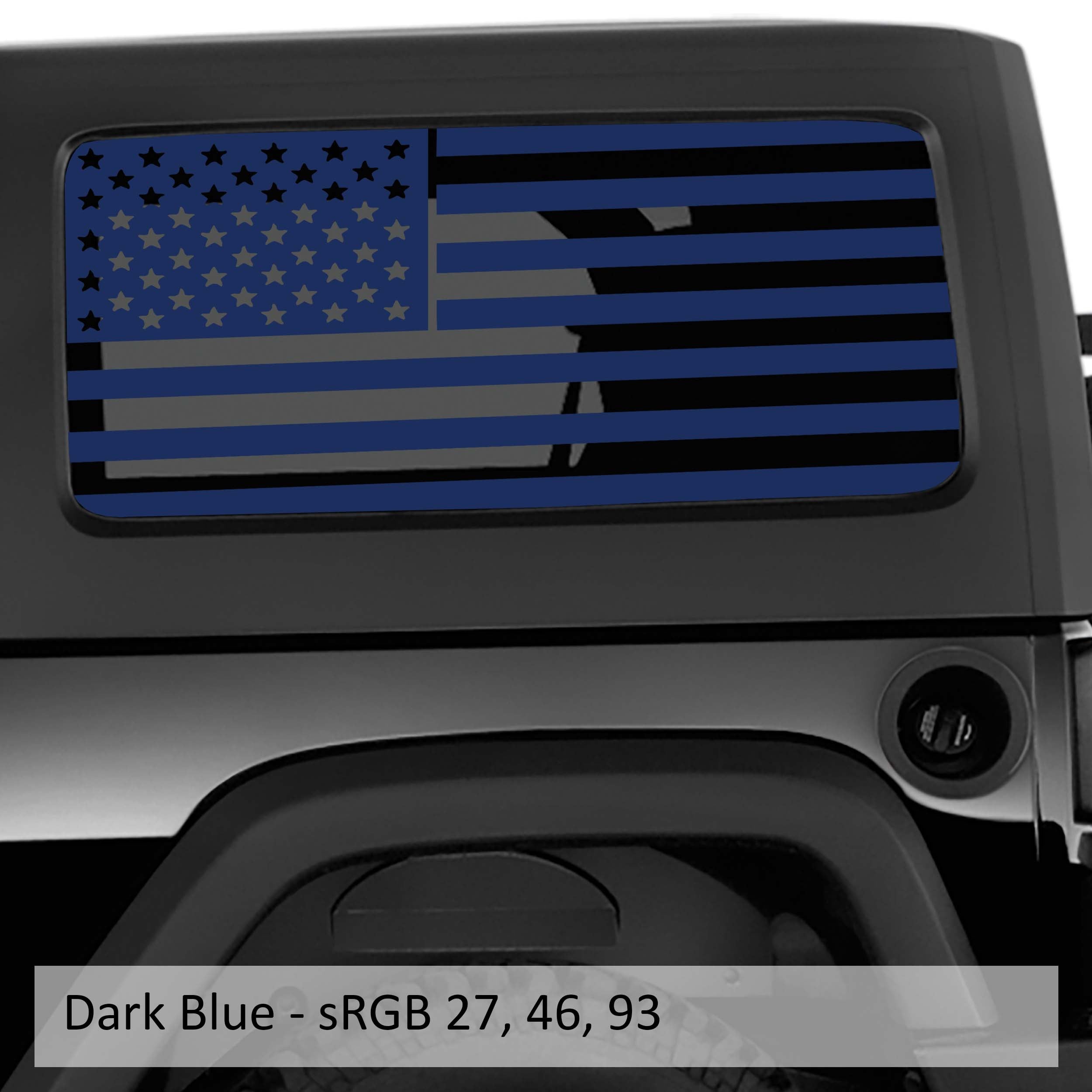 Dark blue American flag window decal pair on Jeep Wrangler JK 2-door hardtop rear glass
