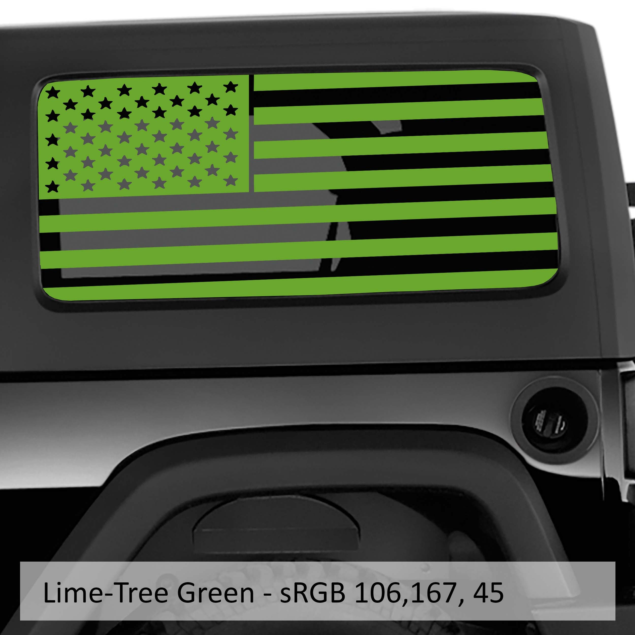 Lime green American flag window decal pair on Jeep Wrangler JK 2-door hardtop rear glass