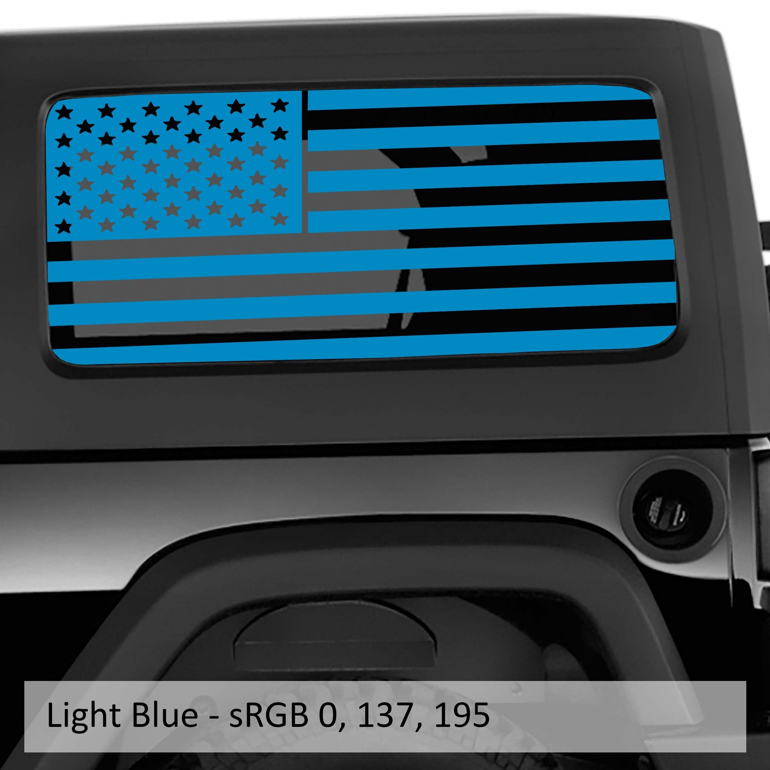 Light blue American flag window decal pair on Jeep Wrangler JK 2-door hardtop rear glass