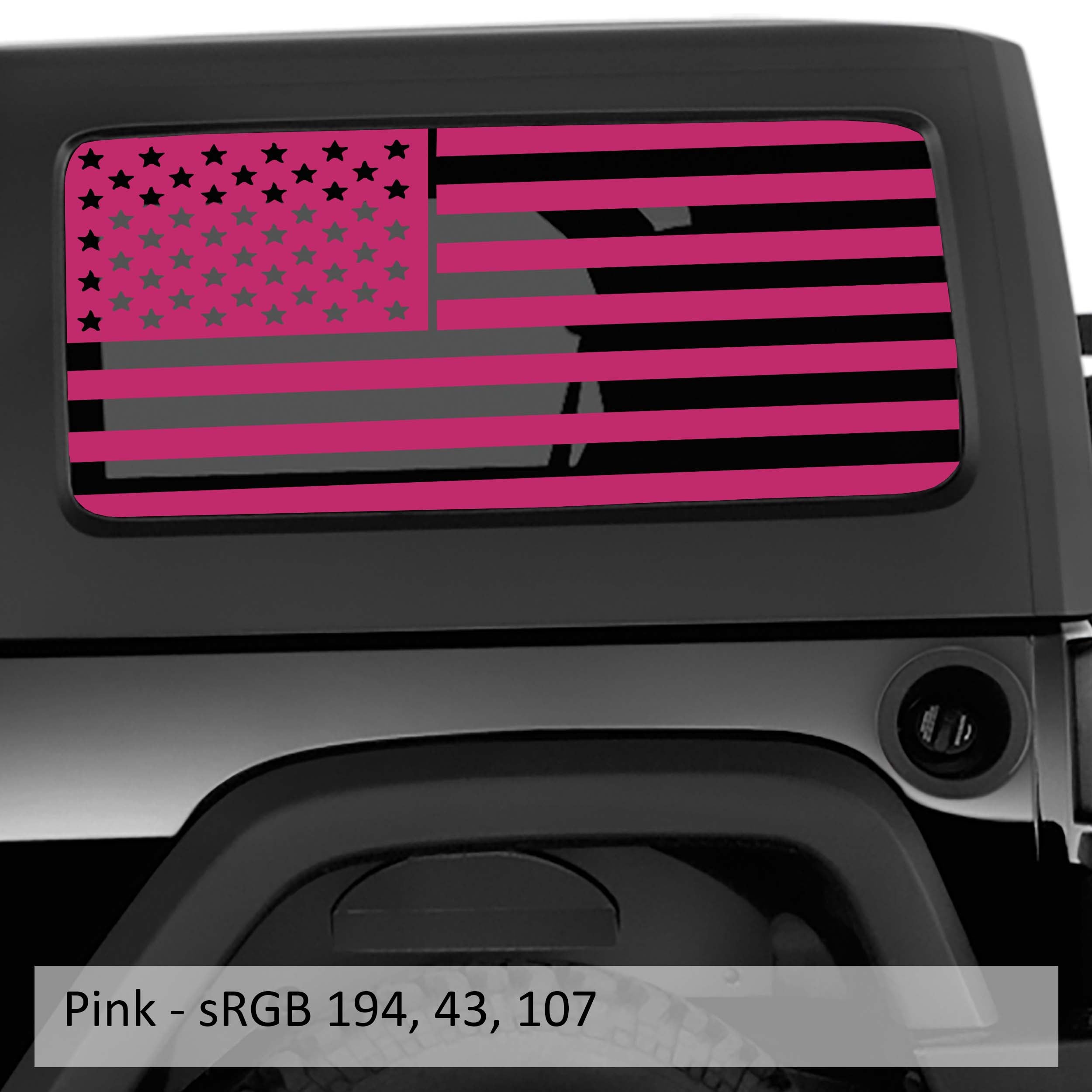 Pink American flag window decal pair on Jeep Wrangler JK 2-door hardtop rear quarter glass