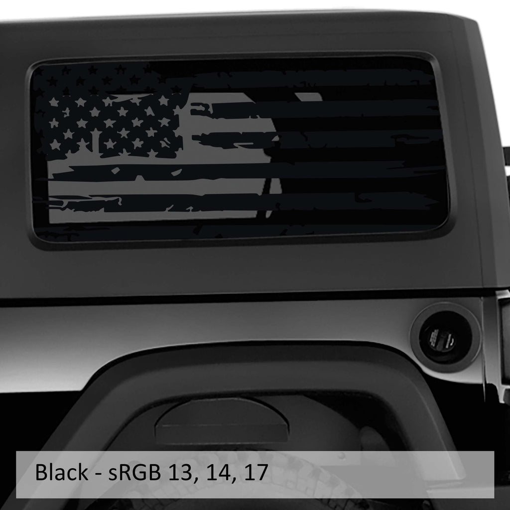 Black distressed tattered American flag decal on Jeep Wrangler hardtop rear quarter window