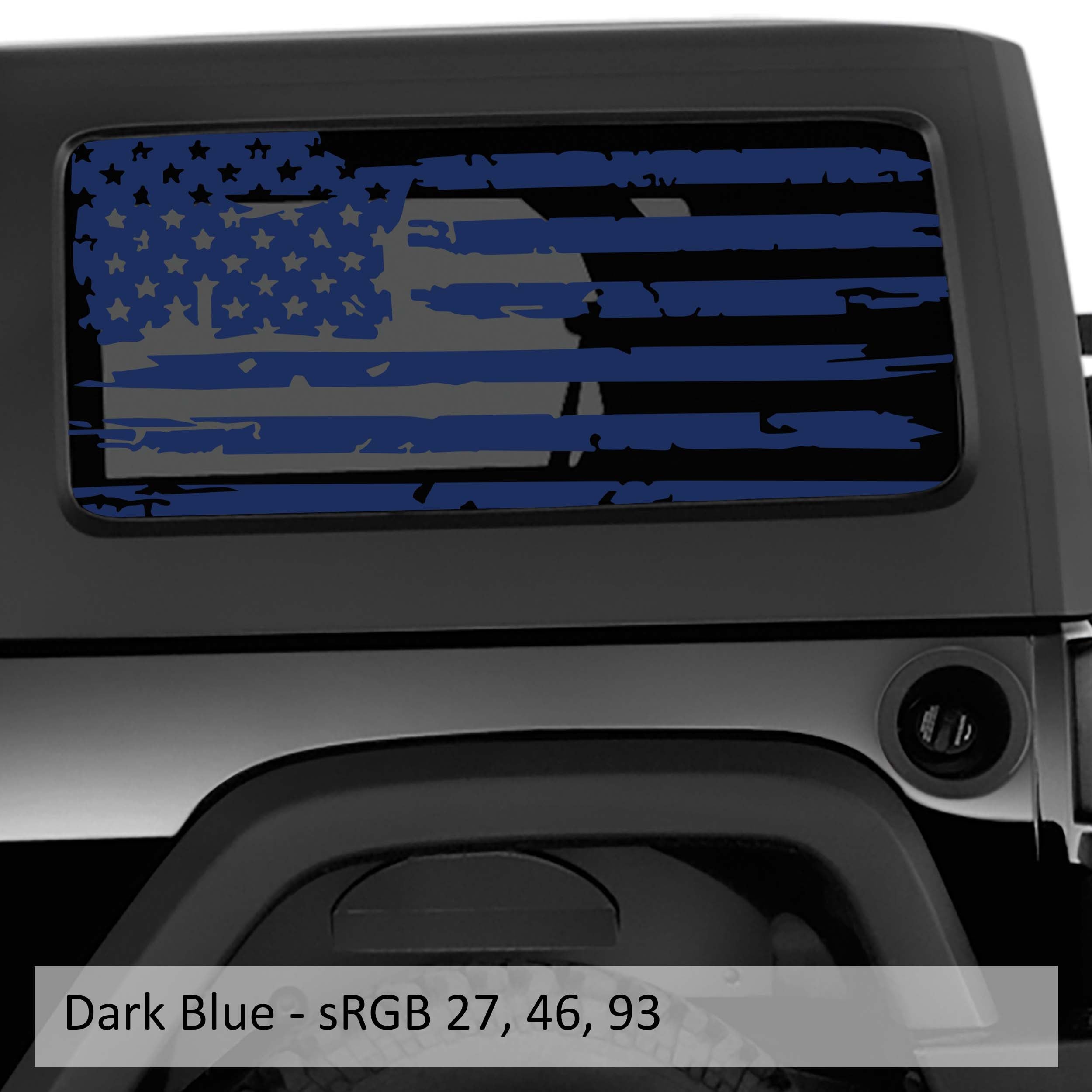Dark blue distressed tattered American flag decal on Jeep Wrangler hardtop rear quarter window