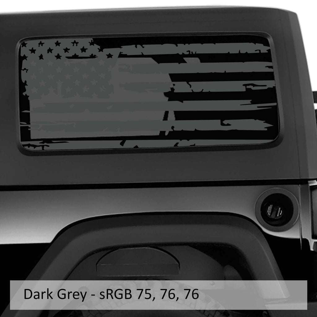 Dark gray distressed tattered American flag decal on Jeep Wrangler hardtop side window glass
