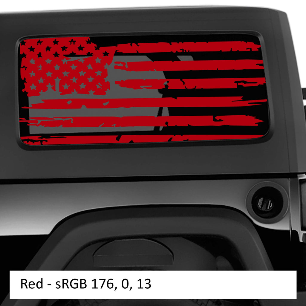 Red distressed tattered American flag decal on Jeep Wrangler hardtop rear quarter window