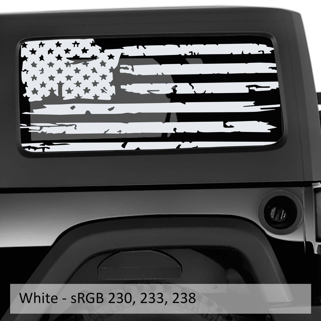 White distressed tattered American flag decal on Jeep Wrangler hardtop rear quarter window