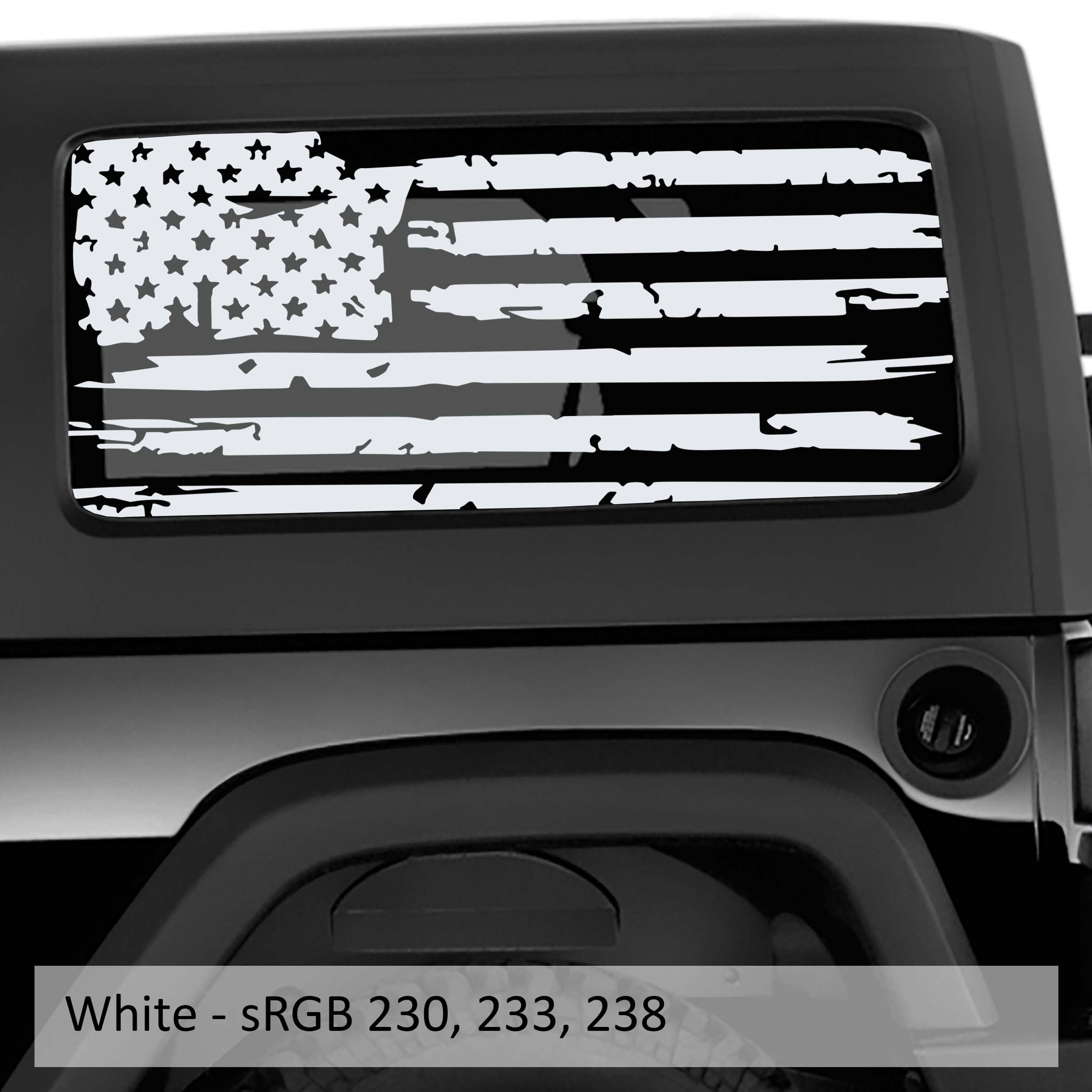White distressed tattered American flag decal on Jeep Wrangler hardtop rear quarter window