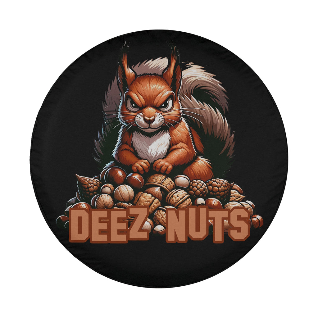 Flat round squirrel deeze nuts tire cover closeup with grumpy orange squirrel guarding acorn walnut hoard