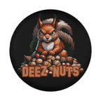 Flat round squirrel deeze nuts tire cover closeup with grumpy orange squirrel guarding acorn walnut hoard