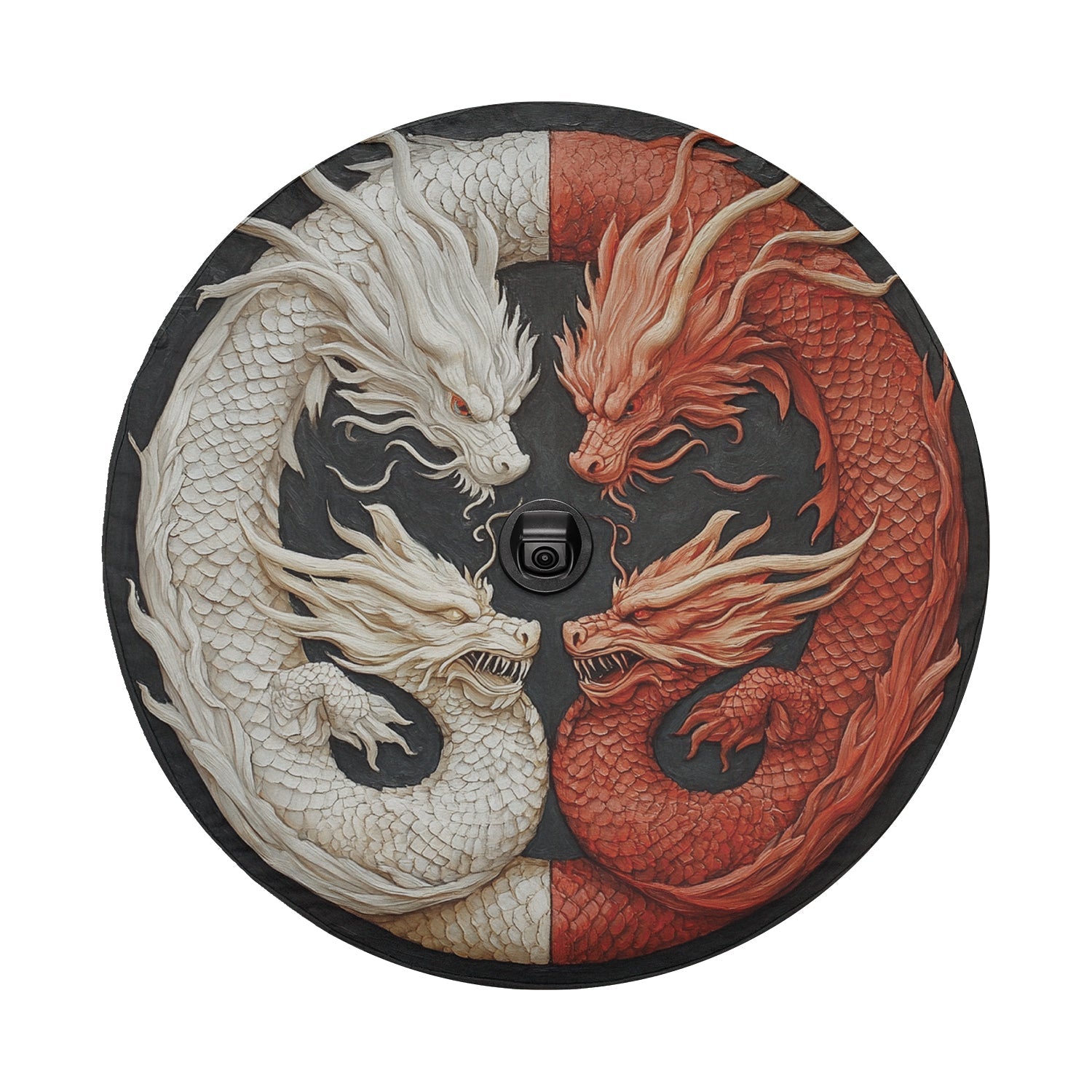 Balance of the Dragons spare tire cover detail showing carved twin dragons with backup camera cutout