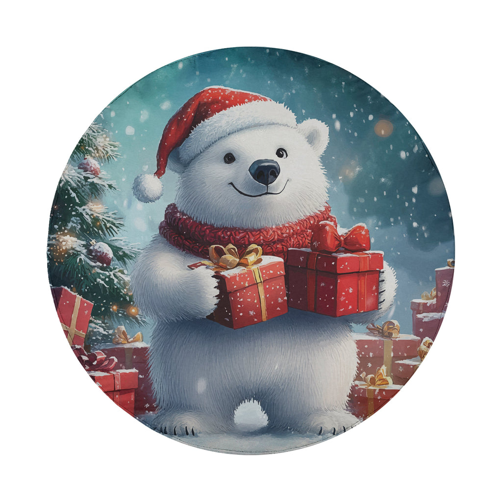 Winter Wonderland polar bear spare tire cover flat round product shot with Santa hat scarf and red gift boxes