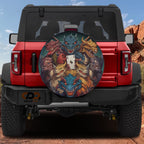 Red Ford Bronco with dragon ace mischief tire cover showing painted dragon heads gripping poker cards