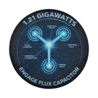 a futuristic-looking graphic with a circuit board-like background and a central light source. The graphic includes various technical terms such as "1.21 GIGAWATT", "TEMPORAL", "POWER INPUT", "TEMPORAL CALIBRATION", and "ENGAGE FLUX CAPACITOR".