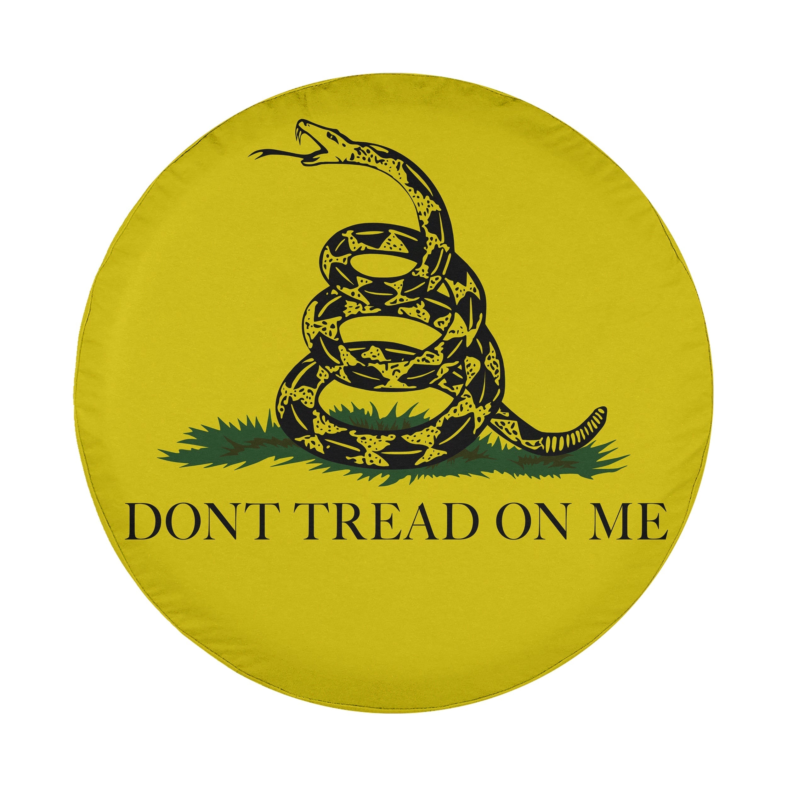 Gadsden flag tire cover flat round product view with coiled rattlesnake over grass on bright yellow field