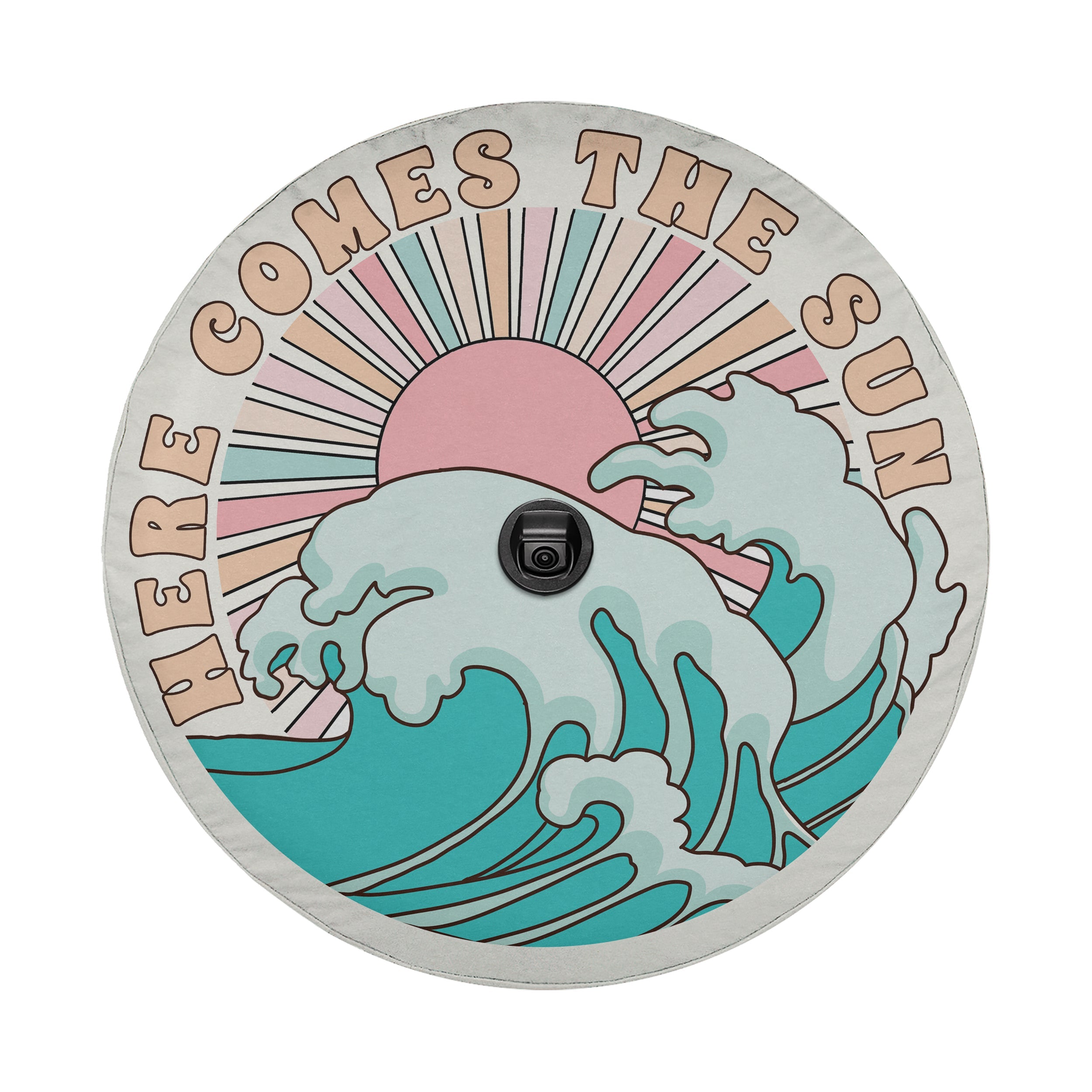 Here Comes the Sun spare tire cover front view with retro rising sun above ocean waves