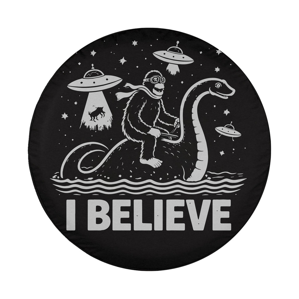 A black and white illustration depicting a person riding a large, fantastical creature, with the text "I BELIEVE" below the image.