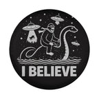 A black and white illustration depicting a person riding a large, fantastical creature, with the text "I BELIEVE" below the image.