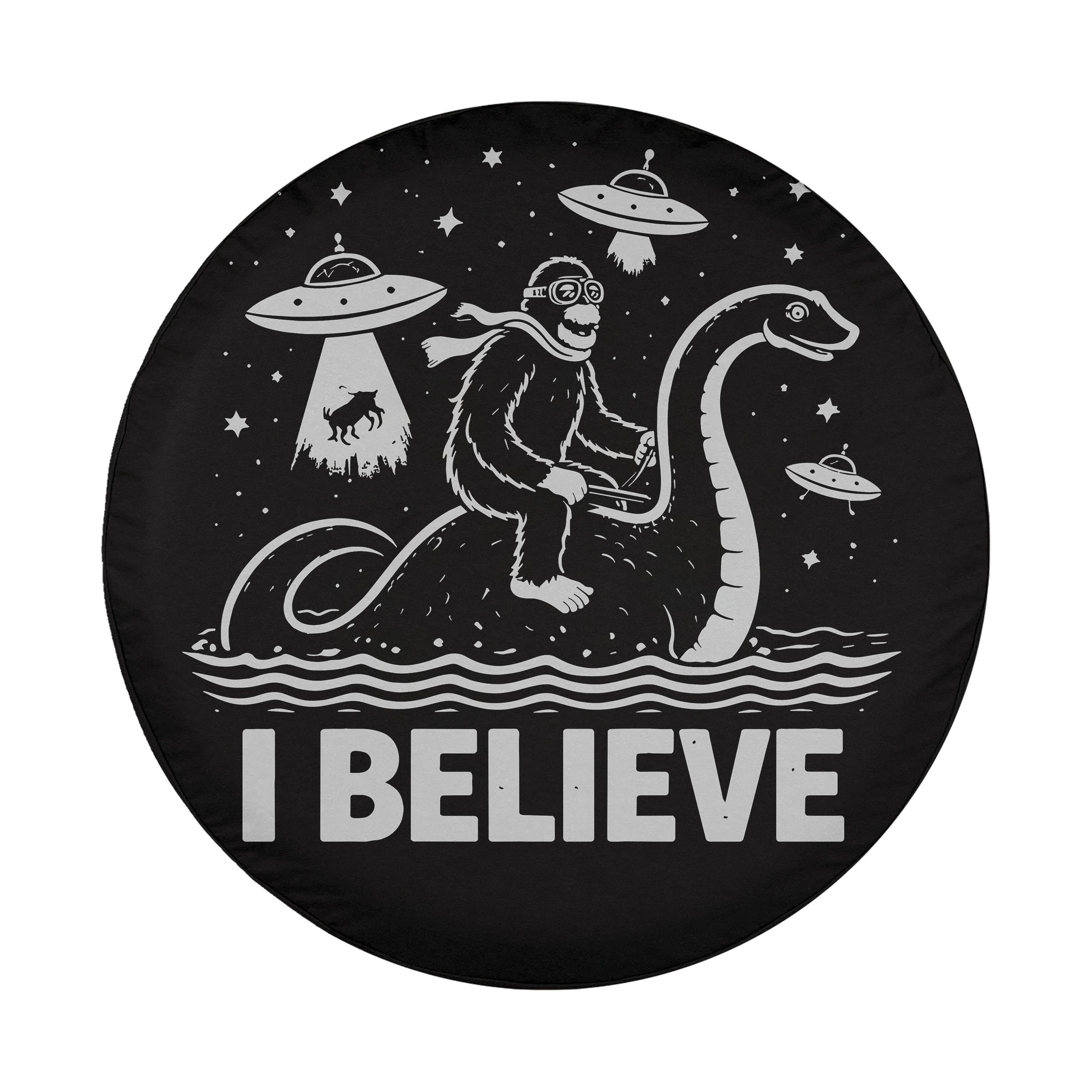 A black and white illustration depicting a person riding a large, fantastical creature, with the text "I BELIEVE" below the image.