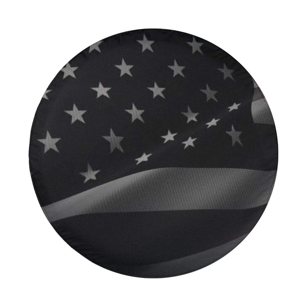 Wavey No Quarter American flag spare tire cover studio shot showing all-black stars and stripes waving design