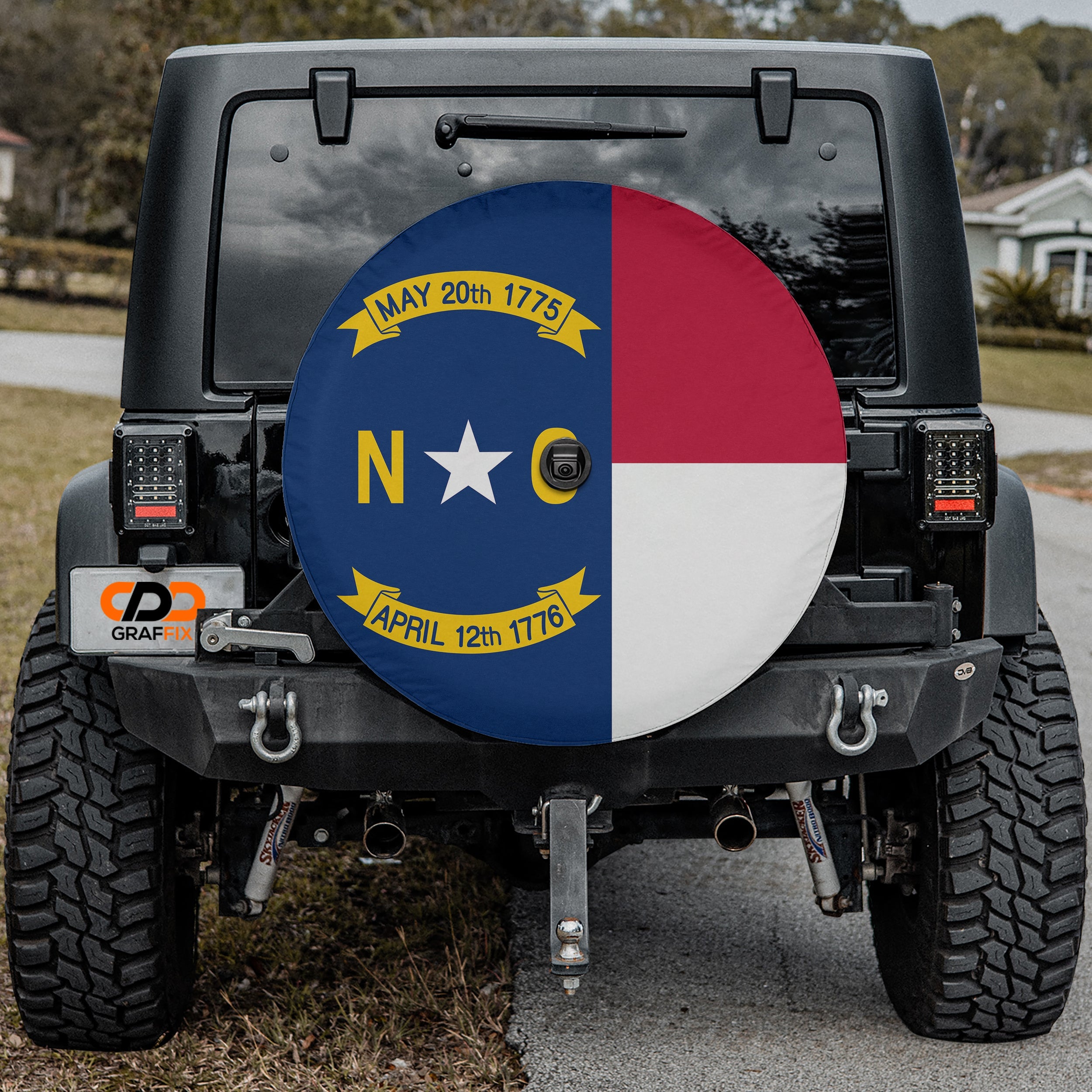 North Carolina state flag spare tire cover flat view with NC star and historic date banners
