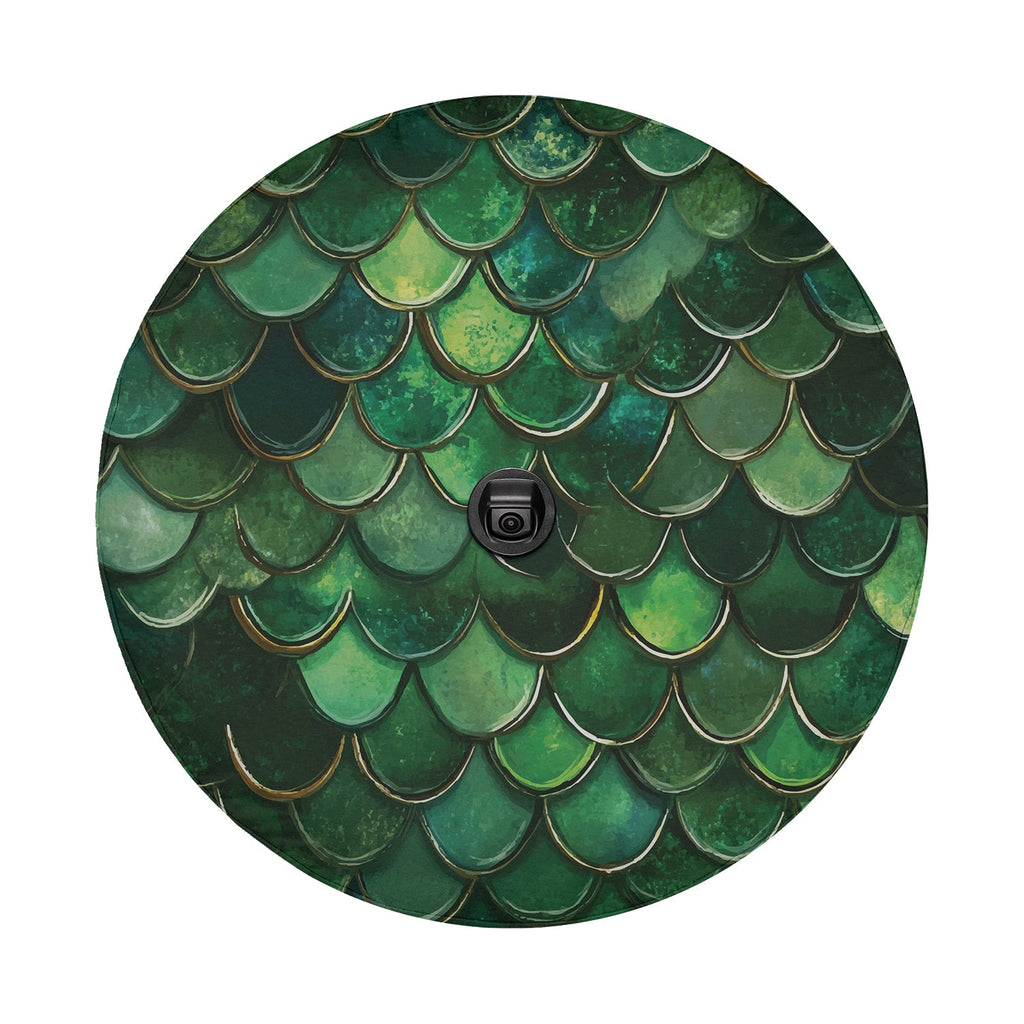 Close-up green mermaid scale spare tire cover disc showing fish scale art and backup camera hole opening