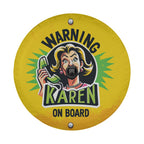 Warning Karen on Board tire cover Ford Bronco rear desert mockup with vintage yellow Karen warning sign