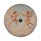 Angels' Toast spare tire cover flat view with painted cherubs clinking glasses and camera cutout