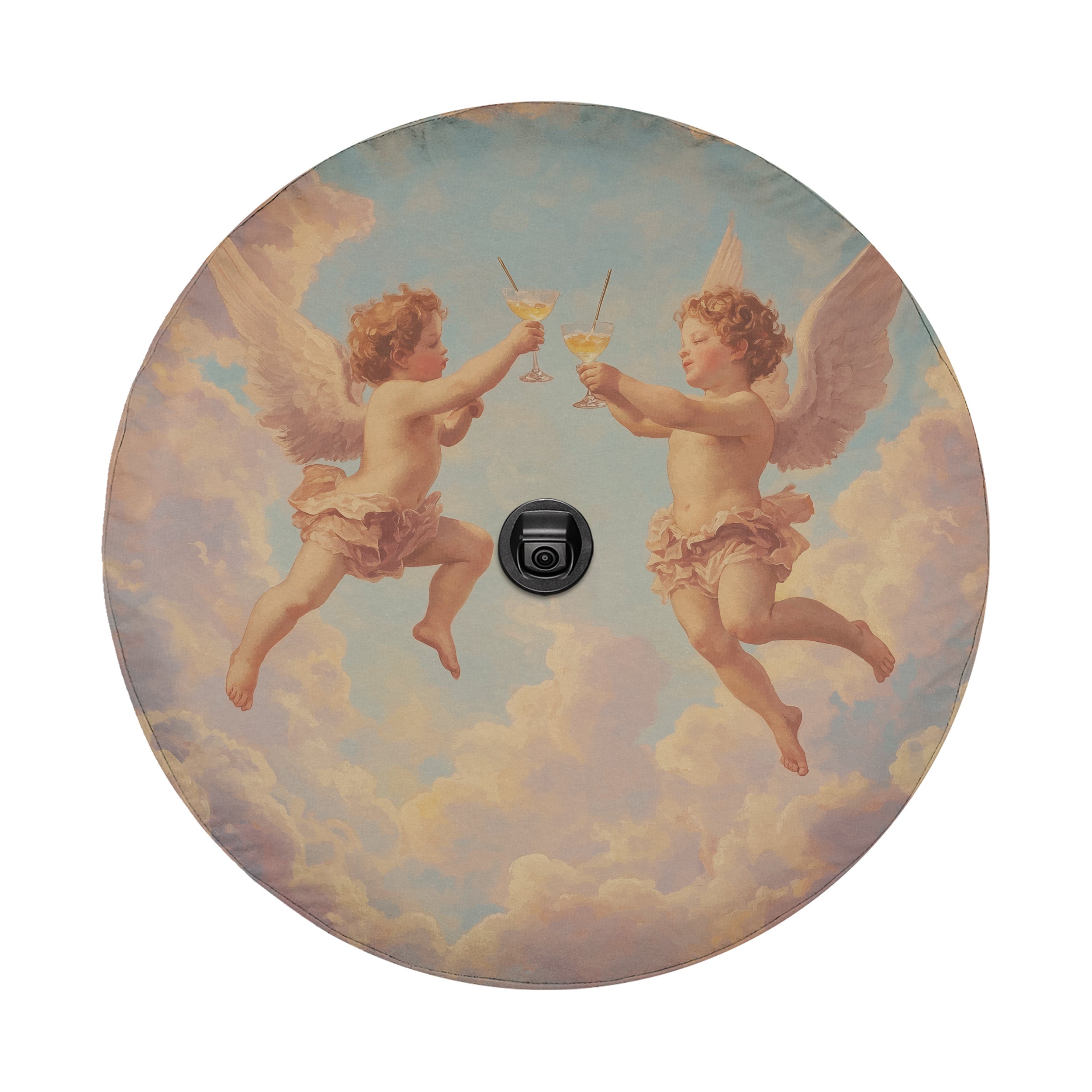 Angels' Toast spare tire cover flat view with painted cherubs clinking glasses and camera cutout