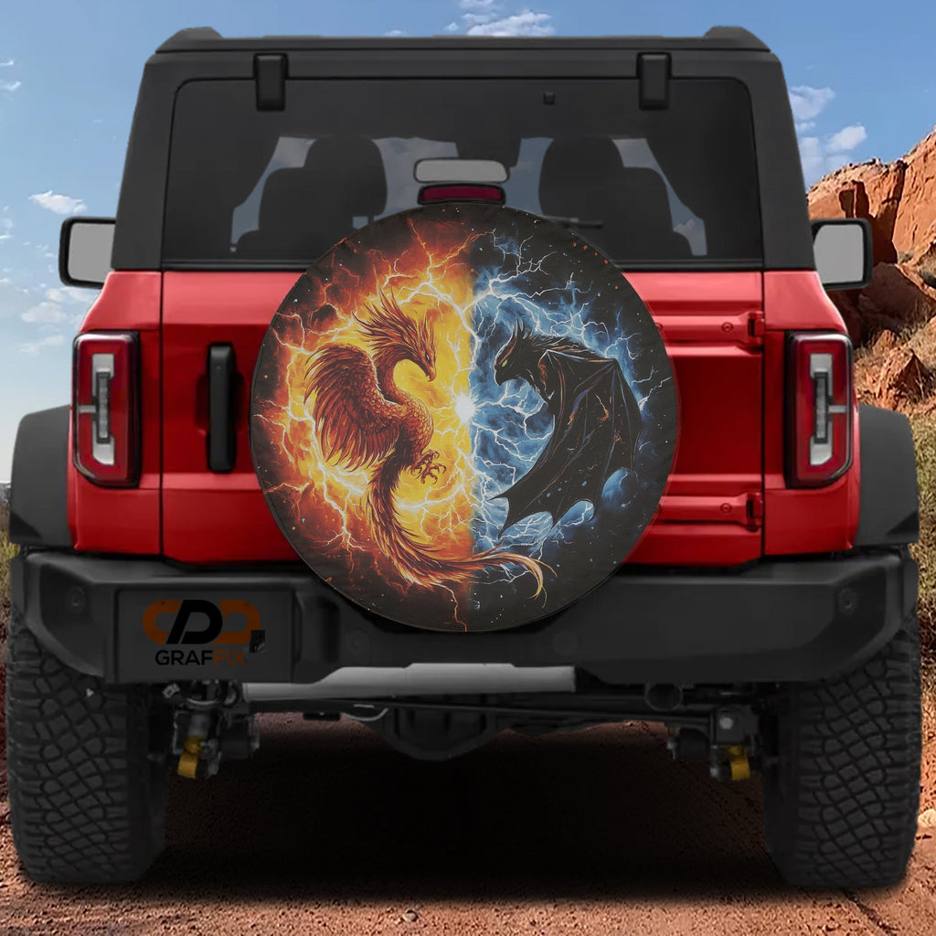 Phoenix vs Shadow Dragon spare tire cover on red Ford Bronco rear featuring fire phoenix battling dragon