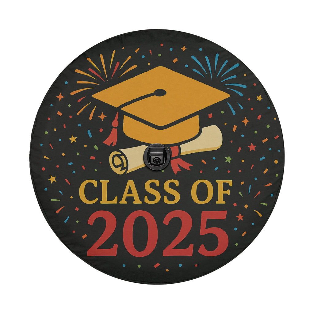 Class of 2025 spare tire cover front view with grad cap diploma fireworks on black