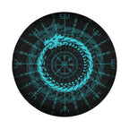 a circular design with a blue dragon-like creature at the center, surrounded by various symbols and patterns in shades of blue and black.
