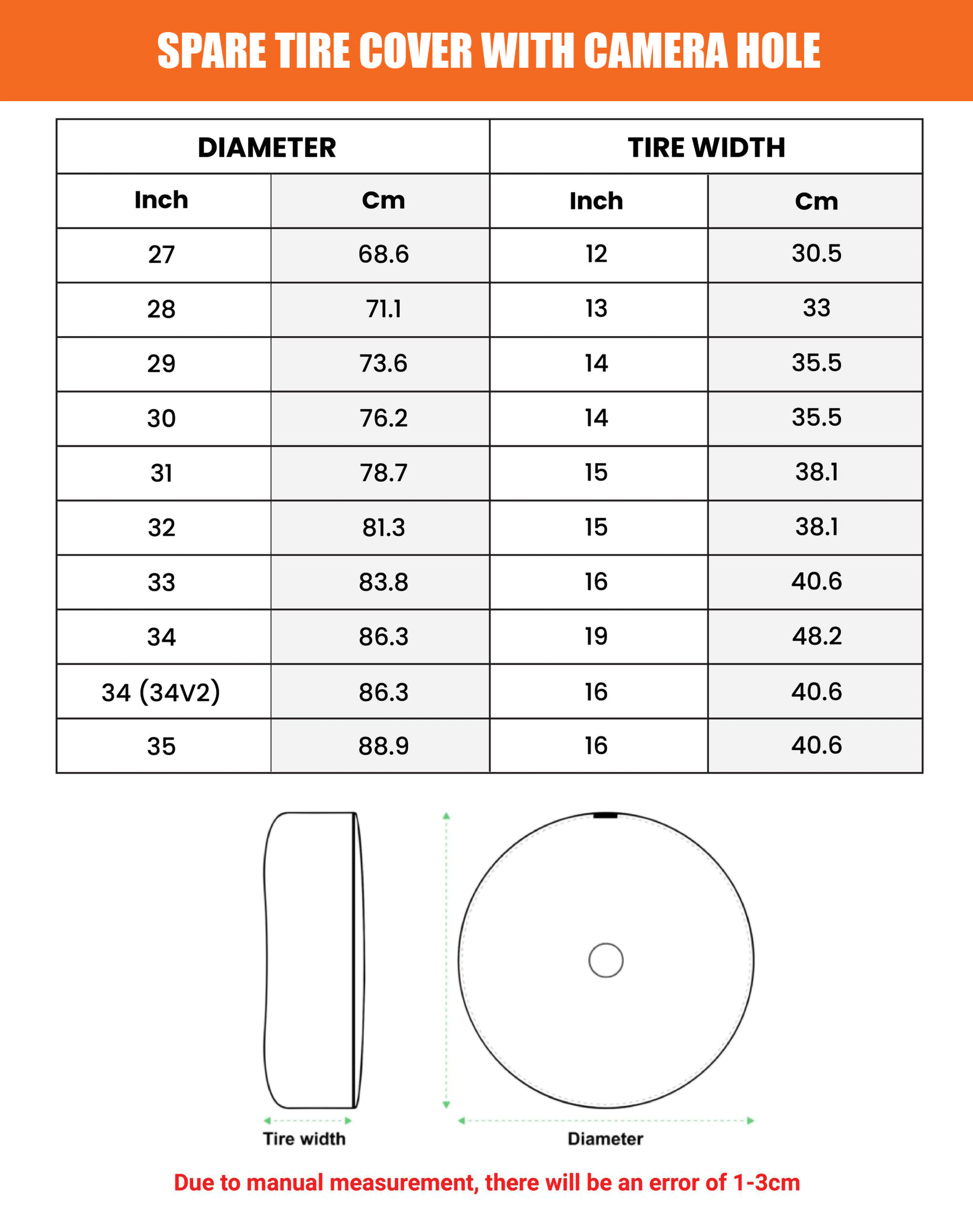 Sasquatch Stripes spare tire cover sizing reference chart with diameter measurements diagram guide