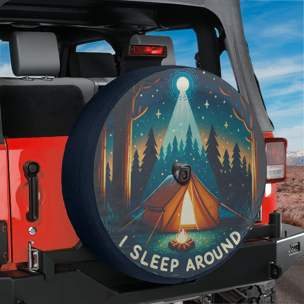 I sleep around camping tire cover on a red Jeep Wrangler with tent campfire pine forest and camera hole