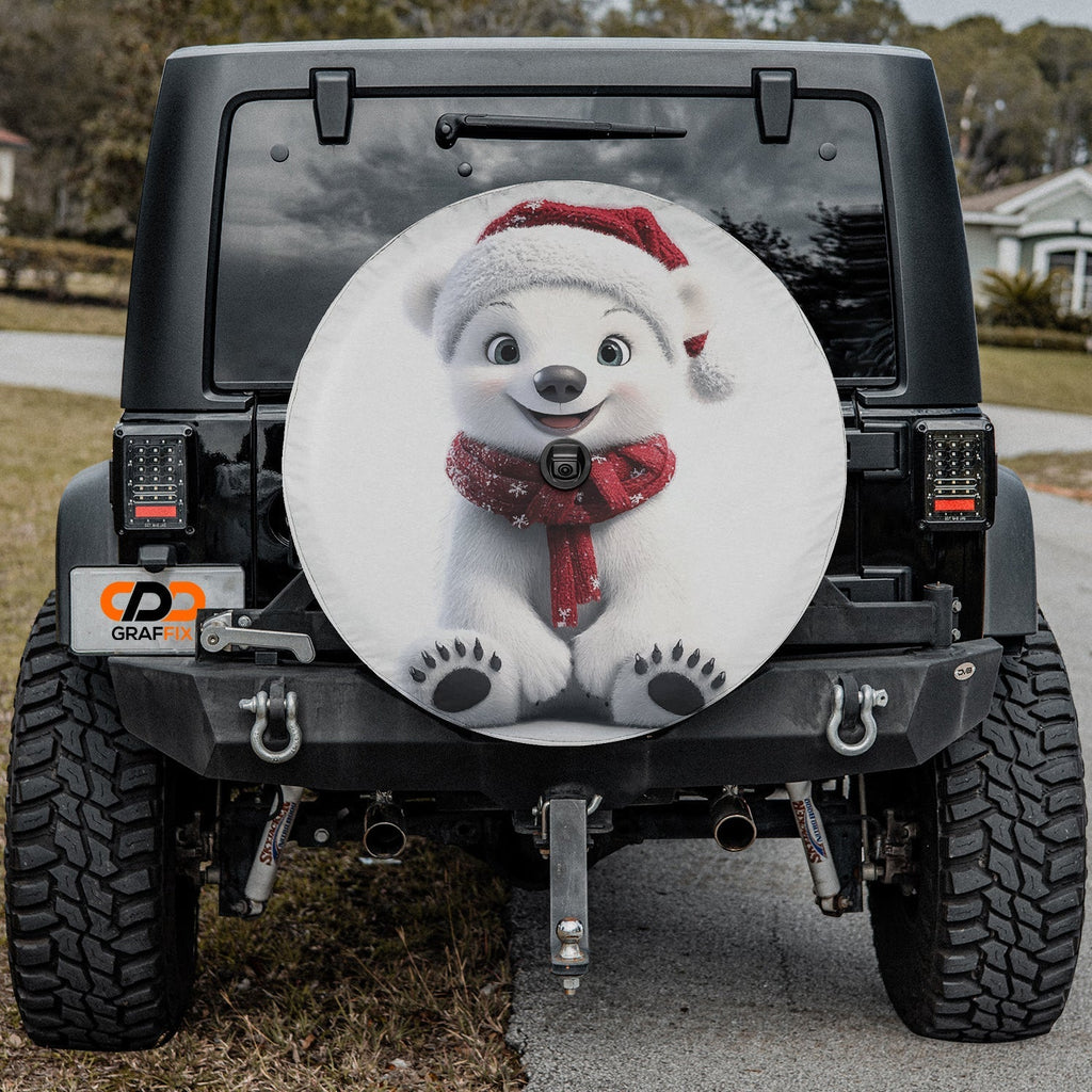 Christmas Baby Polar Bear spare tire cover installed on black Jeep Wrangler with center camera cutout