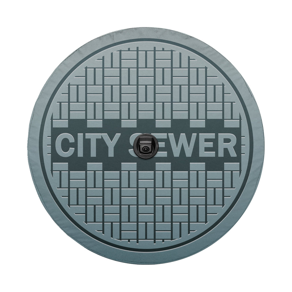 Sewer manhole cover spare tire cover alternate angle showing full graphic