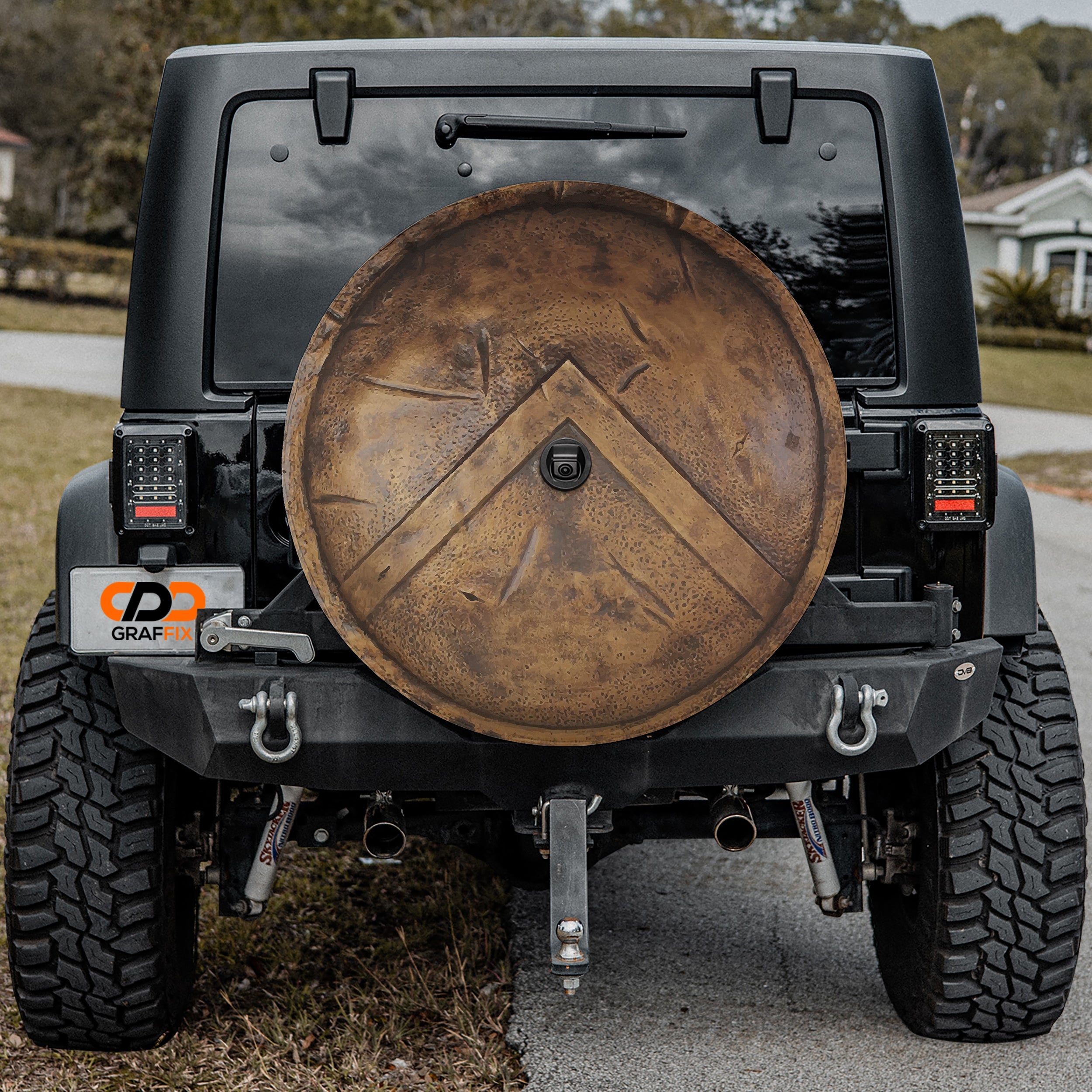 Spartan 300 Shield design printed spare tire cover with optional backup camera hole by Graffix