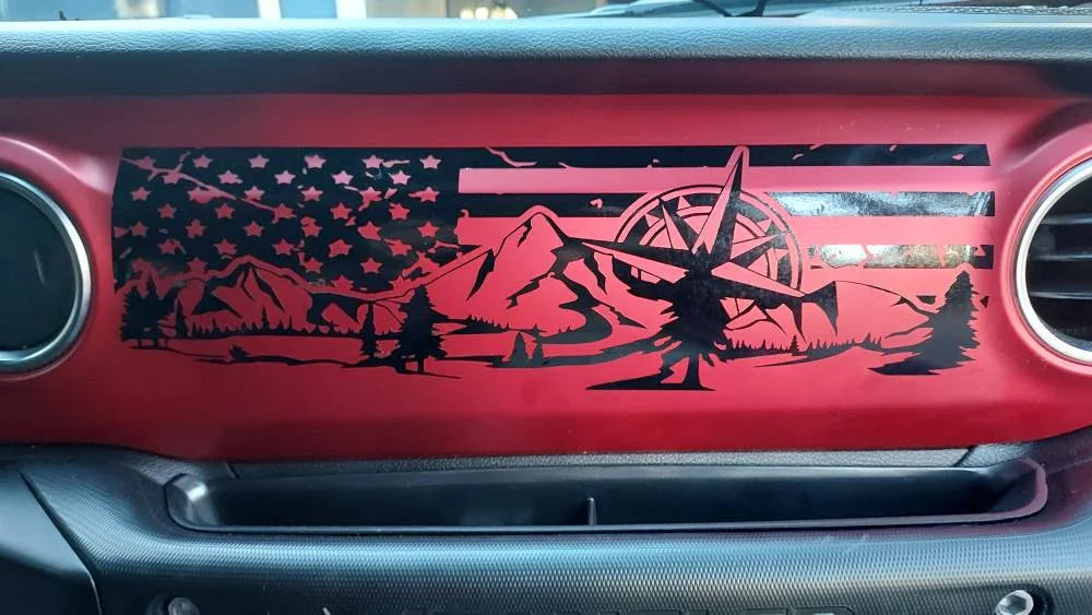 Mountain compass tattered American flag dashboard decal shown on red painted Jeep JL JT dash