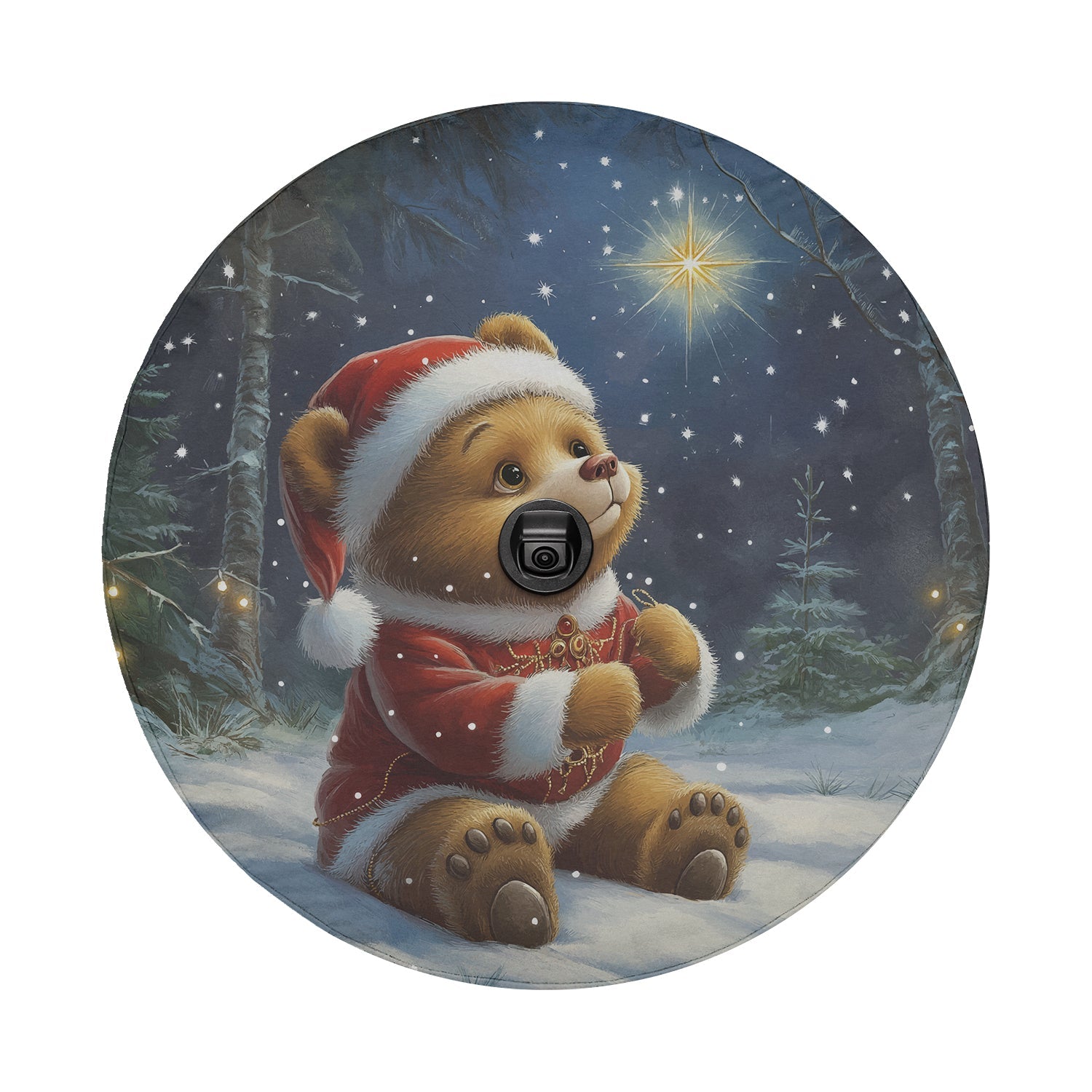Twinkle Bear Dreams spare tire cover mounted on a red Bronco rear showing whimsical teddy bear moon and stars