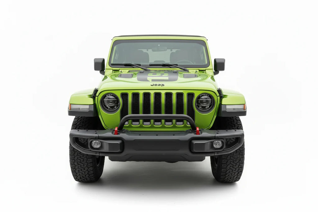 Studio shot bright green Jeep Wrangler JL Rubicon with black 1941 power-dome hood decal
