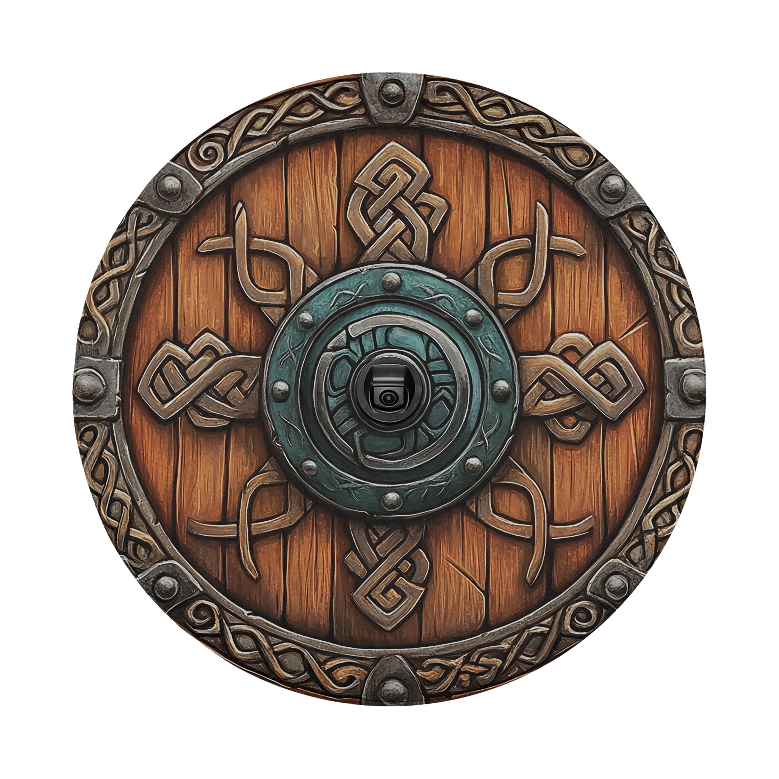 Viking Celtic shield spare tire cover fabric and grommet closeup detail