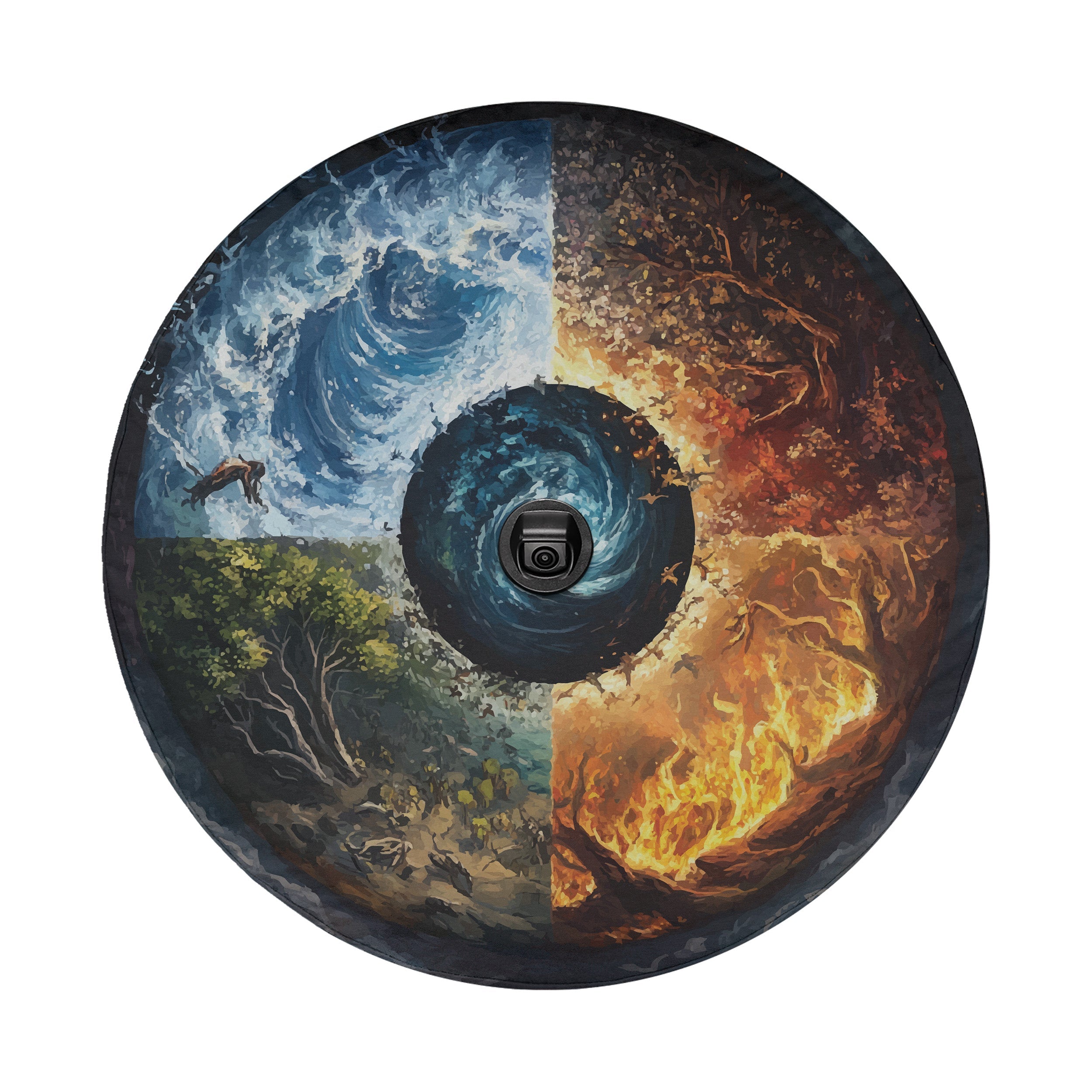 Elemental wheel tire cover detail featuring four classical elements in mystical circular layout