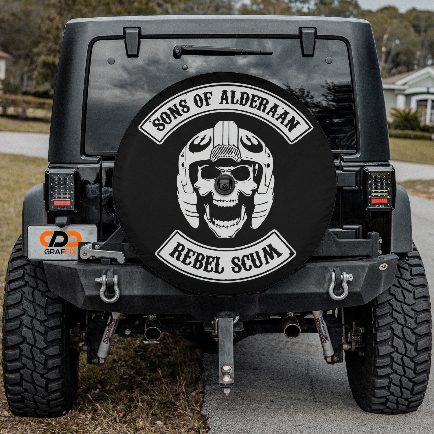 Sons of Alderaan Rebel Scum spare tire cover flat product shot featuring rebel alliance parody Alderaan emblem