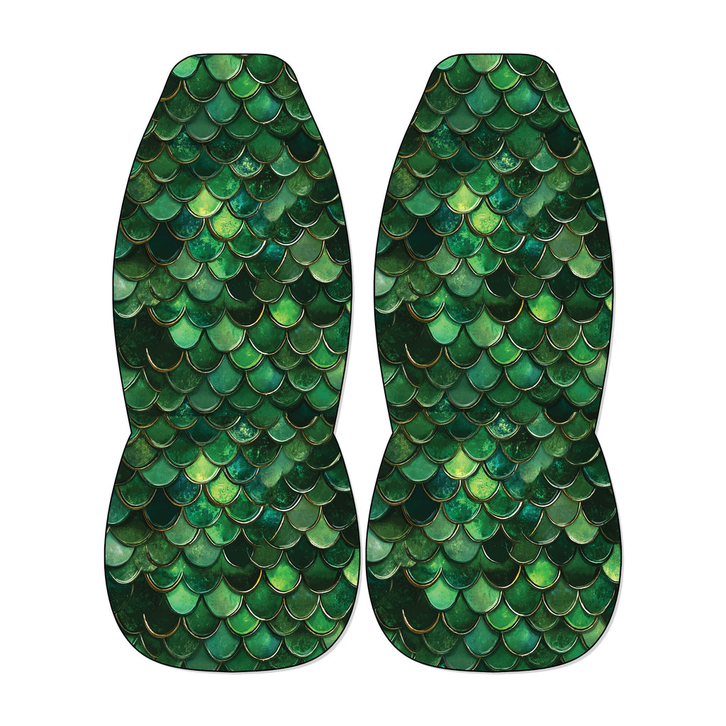 Green dragon mermaid scale front car seat covers with iridescent reptile pattern on bucket seats
